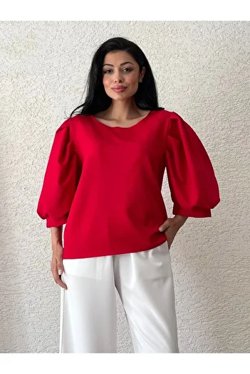 KÜÇÜĞÜM BUTİK Red Crepe Crew Neck Balloon Sleeve Blouse