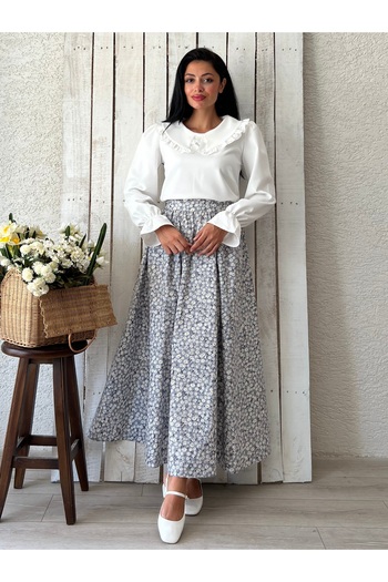 KÜÇÜĞÜM BUTİK Poplin Flared Skirt - Gray Daisy