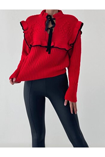 Luna Carina Women's Red Neck Bow Ruffled Soft Textured Knitwear Sweater