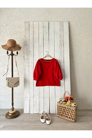 KÜÇÜĞÜM BUTİK Crew Neck Red Crepe Balloon Sleeve Blouse
