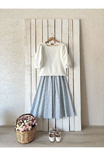 KÜÇÜĞÜM BUTİK Poplin Flared Skirt - Turquoise and Pink Floral Pattern