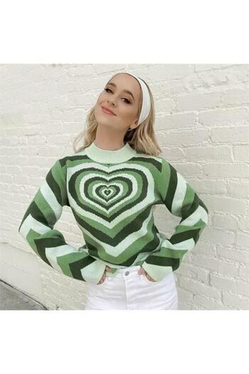 Köstebek Harajuku Green Heart Patterned Sweater