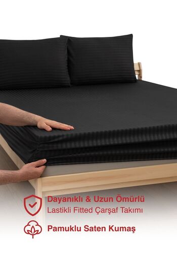 MODELHOME Black, Double Cotton Striped Satin Elastic Sheet Set
