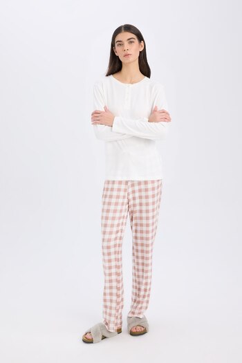 DeFacto Long Sleeve Pajamas Set with Stretch Fabric - Check Top and Long Bottom D2266Ax24Wn