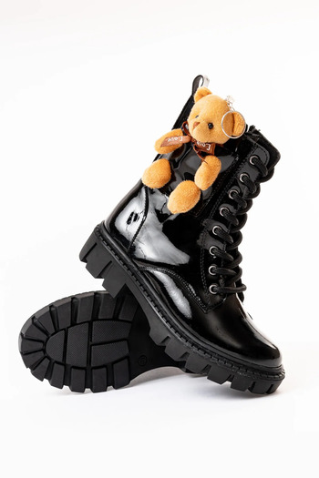Zerenyus Girls - Anatomical Thick-Soled Black Patent Leather Boots with Teddy Bear Accessories and Laces