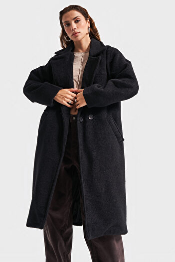 its basic Kadın Antrasit Siyah Renk Uzun Oversize Kaşe Kaban