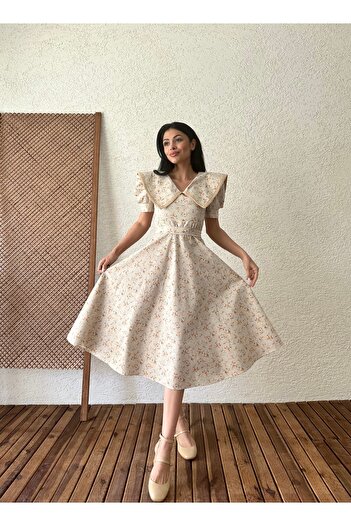 KÜÇÜĞÜM BUTİK Vintage Büyük Yakalı Krem-Kahve Çiçekli Kloş Elbise