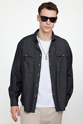 Tudors Unisex Relax Fit Relaxed Fit Denim Jeans Snap Fastener Double Pocket Black Overshirt Jacket Style Shirt