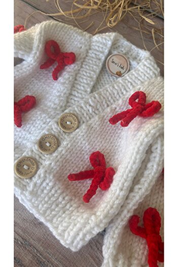 seraskids Hand-Knitted Red Bow White Color Buttoned Baby Girl Cardigan