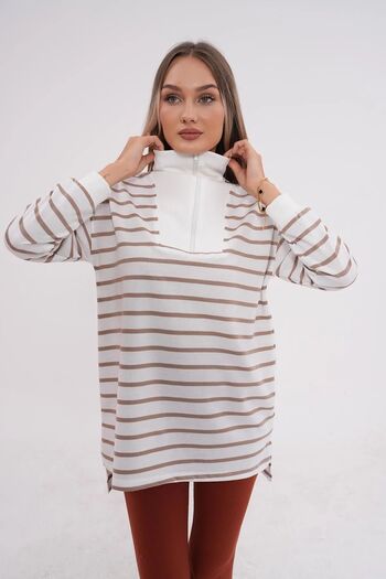 MD trend Women's Zippered Collar Striped Oversize Tunic Sweatshirt