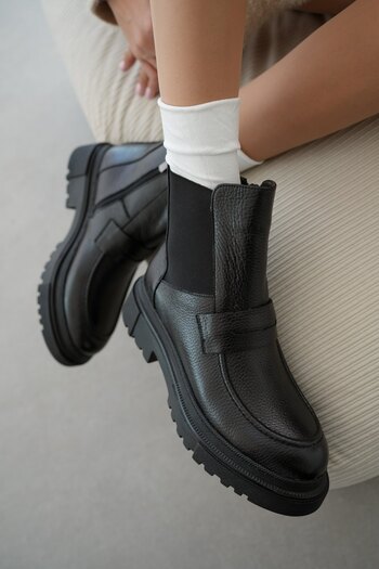selinshoes Viola Genuine Leather Women's Boots with Elastic Belt Detail - Black Leather