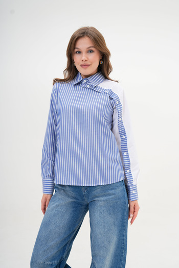 MAMAYAGA Bluză de damă cu design special cu rever, cu mâneci, cu dungi, cămașă supradimensionată din bumbac