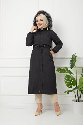 İmajButik Black Hooded Fur Lined Gathered Bondic Coat