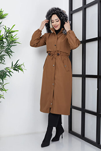 İmajButik Camel Hooded, Fur Lined, Drawstring Bondik Coat