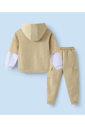 SAPS 100% Cotton Dino Embroidered Layered Full Sleeves Hoodie & Pants/Co-ord Set - Beige
