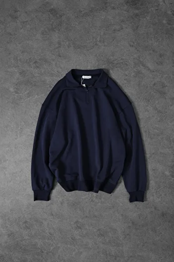 Slatra Men's Indigo Half Zipper Diagonel Fabric Oversize Sweatshirt
