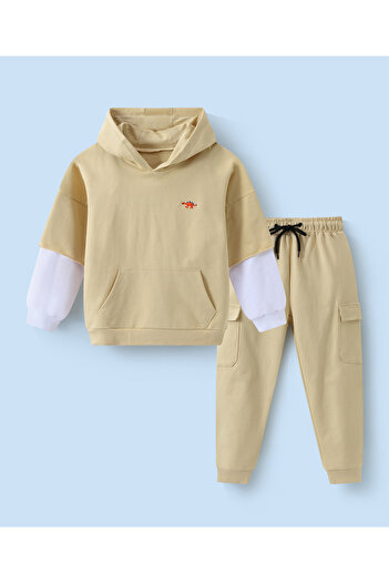 SAPS 100% Cotton Dino Embroidered Layered Full Sleeves Hoodie & Pants/Co-ord Set - Beige