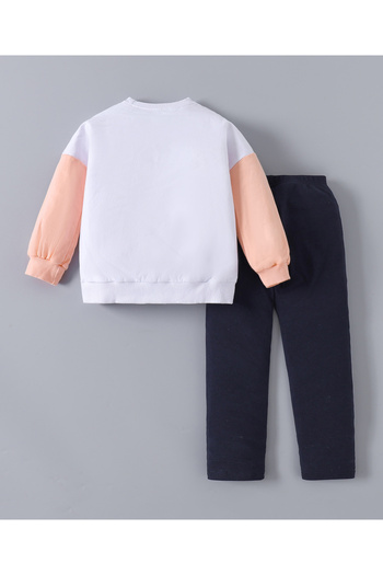 SAPS Cotton Blend Unicorn Graphic Full Sleeves Top & Solid Bottoms Set - White & Navy Blue