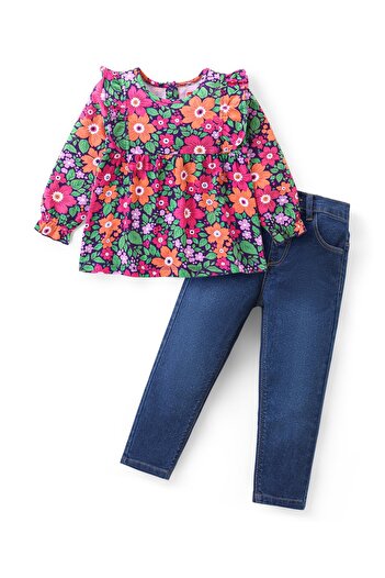 Babyhug Cotton Knit Full Sleeves Frill Detailed Top & Denim Pants Set With Floral Print - Multicolor