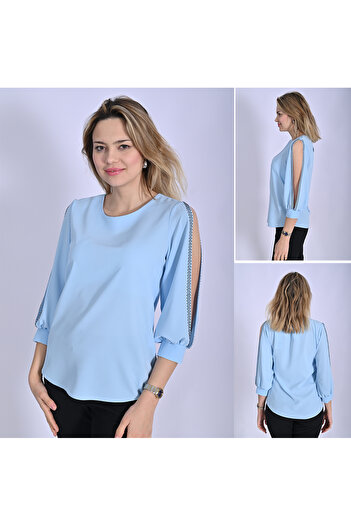 UNIQUE LADY Kolları Açık Taş Detaylı Küçük Ve Büyük Beden Bluz