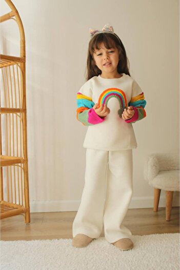 Lolliboomkids Girls' Ecru Color Squishy Warm 3 Yarn Fleece Embroidered Tracksuit Bottom Top Suit
