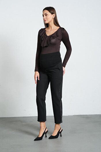 BUSA Black Gabardine Pants - Maternity with Stretchy Abdominal Bands and Adjustable Waist