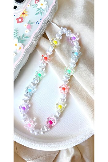 MİRAZ TASARIM Mi̇raztesarim Transparent Flower and Pearl Beaded Phone Charm Phone Hanger