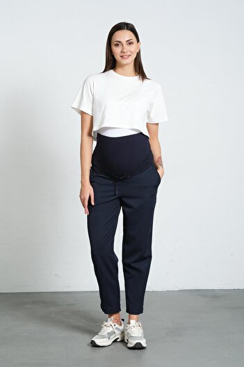 BUSA Maternity Flexible Abdominal Banded Waist Adjustable Leg Buttoned Classic Trousers Navy Blue