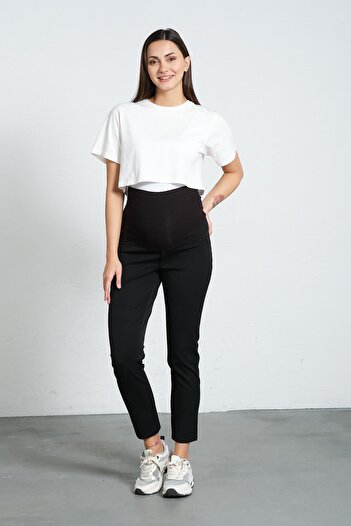 BUSA Black Gabardine Pants with Stretchy and Mom Fit - Pregnant with Abdominal Bands and Waist Adjustment