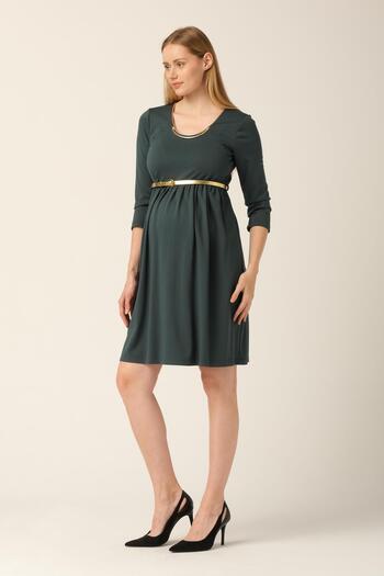 BUSA Green Maternity Casual Dress - Steel Fabric and Neckline Accessory