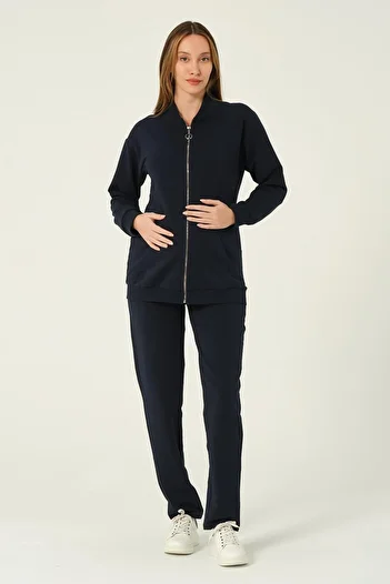 BUSA Maternity Zip up Hooded High Waist Adjustable Waist 2 Thread Tracksuit Set Dark Navy
