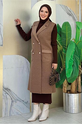 TRENDTESETTÜR Women's Brown Cross Collar Long Vest t 6987