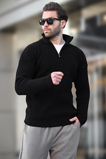 Madmext Black Zipper Collar Knitwear Men's Sweater E7295
