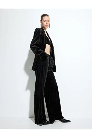 Koton Wide Leg Stoned Velvet Trousers with Pockets