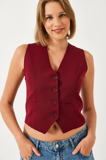 Bianco Lucci Women's V-Neck Flato Pocket Woven Vest 40831025