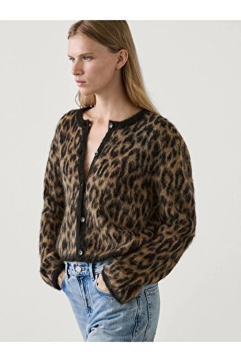 Machetta Women's Crew Neck Brown Leopard Print Wool Cardigan