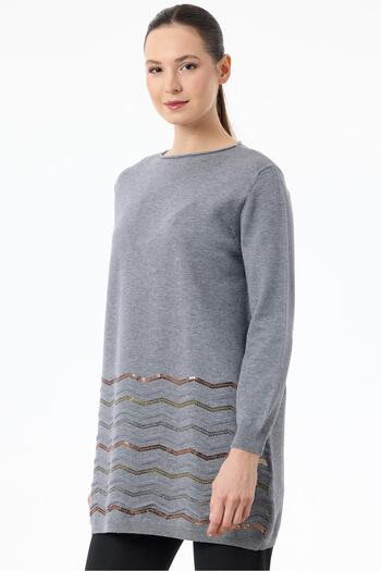 Tığ Triko Gray Knitwear Tunic - Zigzag Sequined Skirt