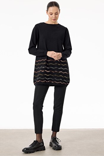 Tığ Triko Black Knitwear Tunic - Zigzag Sequined Skirt