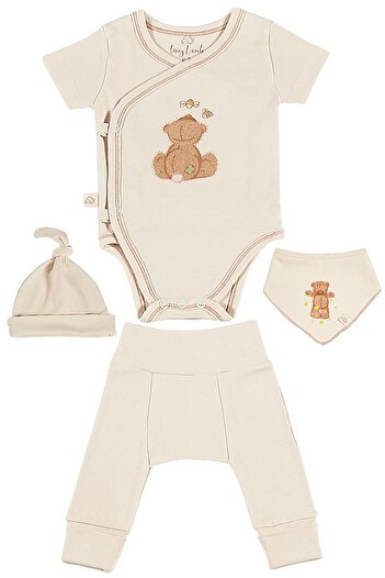 tinylamb Fluffy Bear 4 Piece Unisex Baby Short Sleeve Cotton Bodysuit Pajamas Beanie Bandana Mini Newborn Set