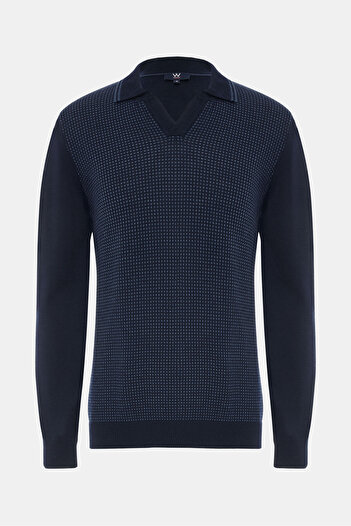 W Collection KOYU MAVİ POLO YAKA UZUN KOLLU KAZAK