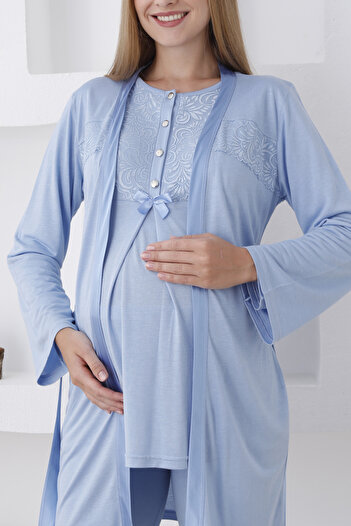 ERDENİZ TEKSTİL Uzun Kollu 3'lü Hamile Pijama ve Sabahlıklı Lohusa Takımı