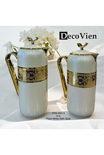 decovien Pearl White Gold Detailed Luxury Thermos Set of 2