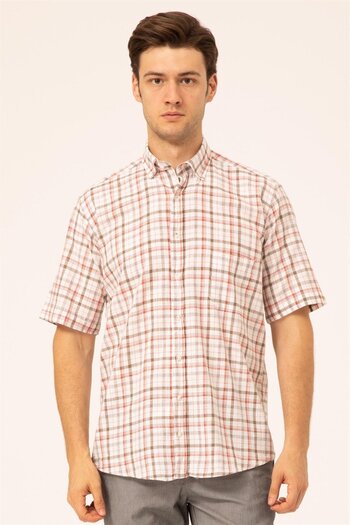 SÜVARİ Süvari Loose-Fit Red Patterned Full Cotton Men's Short Sleeve Shirt with Pockets