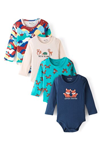 Bonfino 100% Cotton Full Sleeves Onesies Fox Print Pack of 4 - Multicolor
