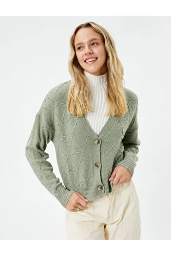 Koton Knitwear Cardigan Buttoned Textured V-Neck Long Sleeve