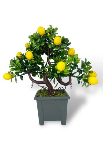 Nettenevime Bonsai Lemon Tree Decorative Artificial Tree Green Bonzai 28*23cm in Black Square Pot