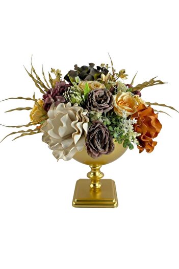 Nettenevime Artificial Flower and Latex Arrangement Table Top Flower Arrangement with Square Leg Round Metal Gold Vase 60402