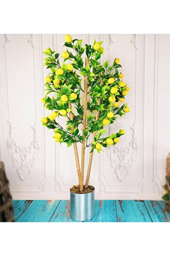 Nettenevime Yapay Ağaç Limon Ağacı Gür Yapraklı 80cm Bambu Dalında Gümüş Paslanmaz Aleminyum Saksılı