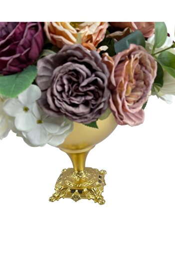 Nettenevime Yapay Çiçek Ve Latex Aranjmanı Döküm Ayaklı Yuvarlak Metal Gold Vazolu Masa Üstü Çiçeği Arajman 8349