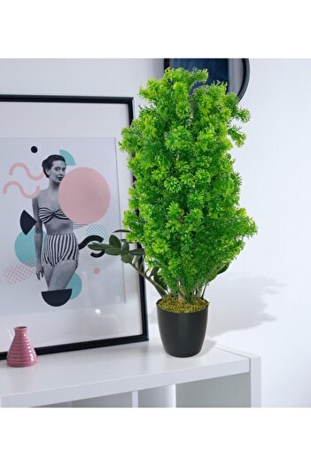 Nettenevime Yapay Çiçek Siyah Saksıda Yeşil Fesleğen Bonsai Ağacı 55cm